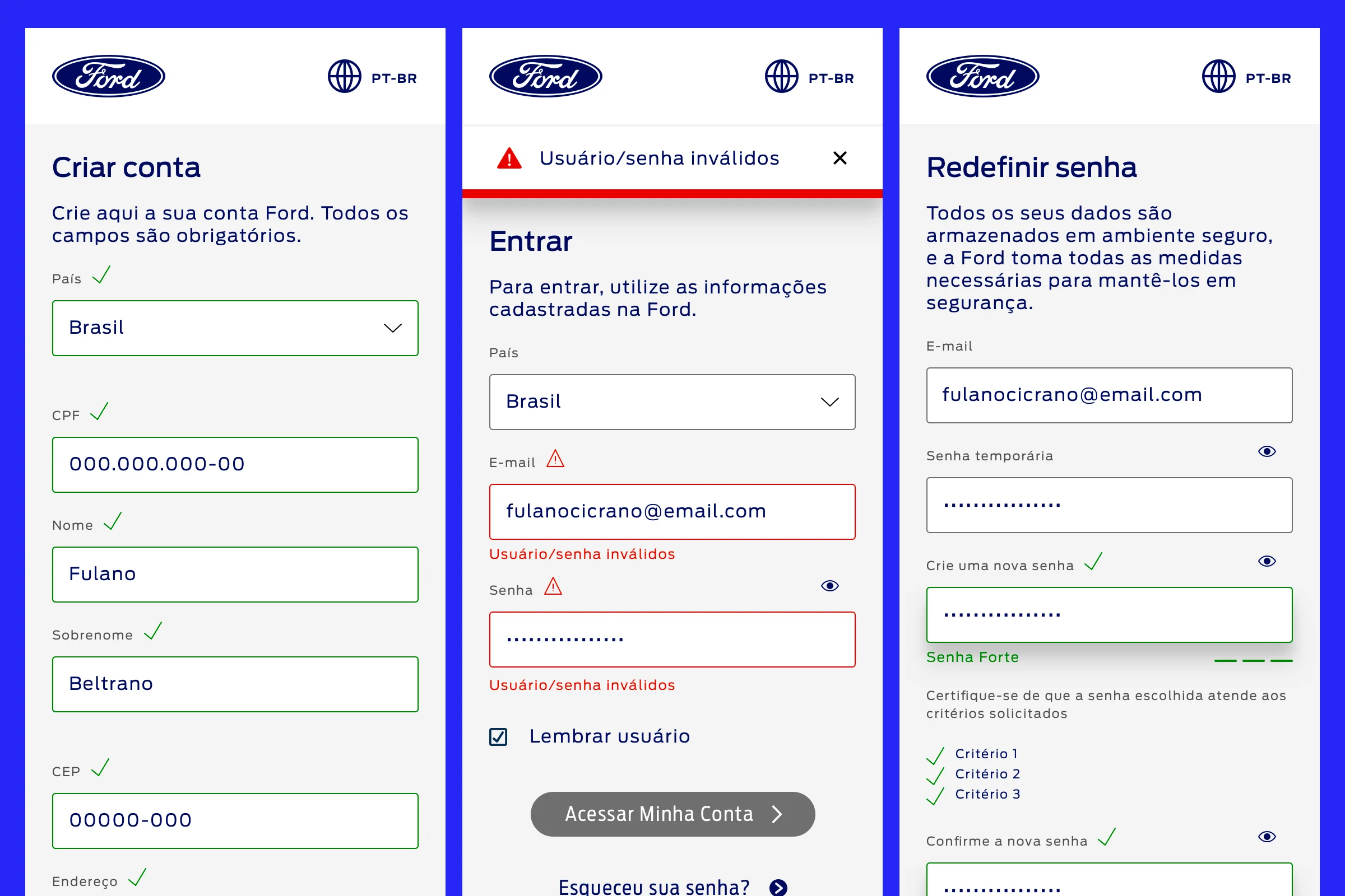 Páginas de cadastramento, login e redefinição de senha