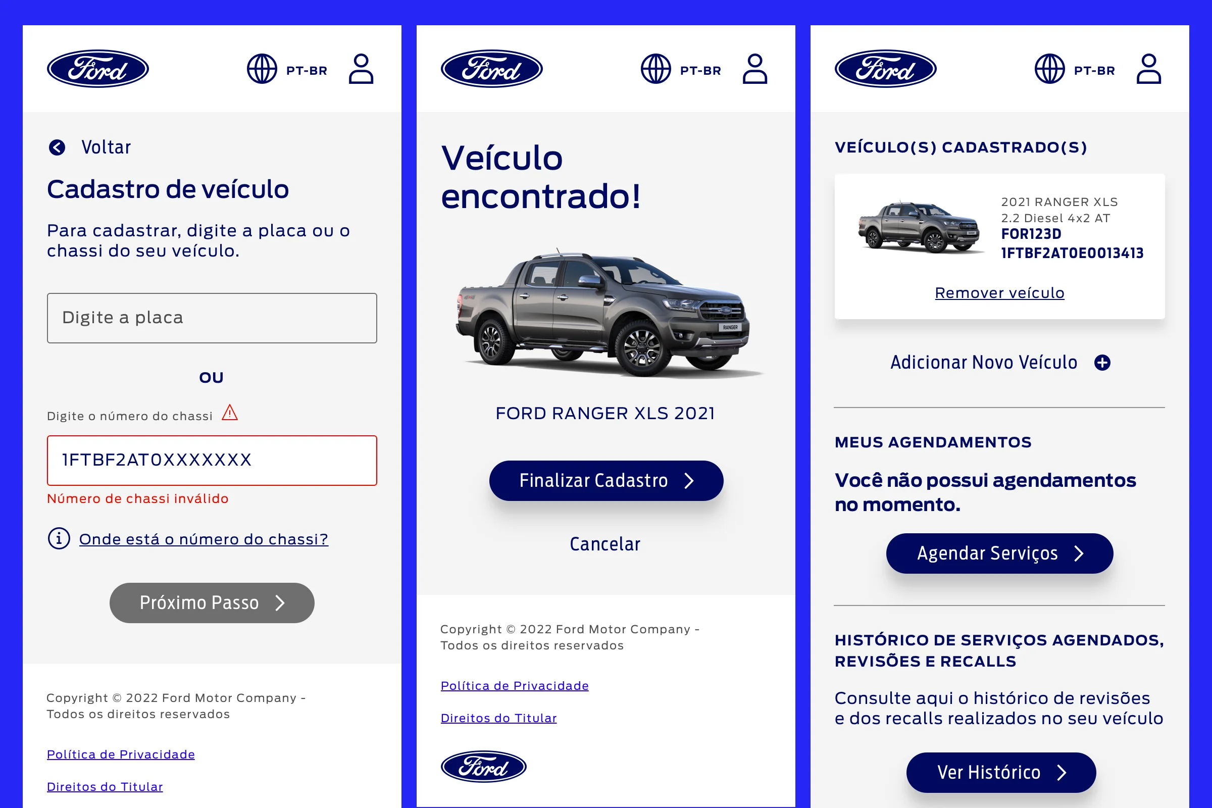 Página de cadastramento de veículo e homepage, versão mobile