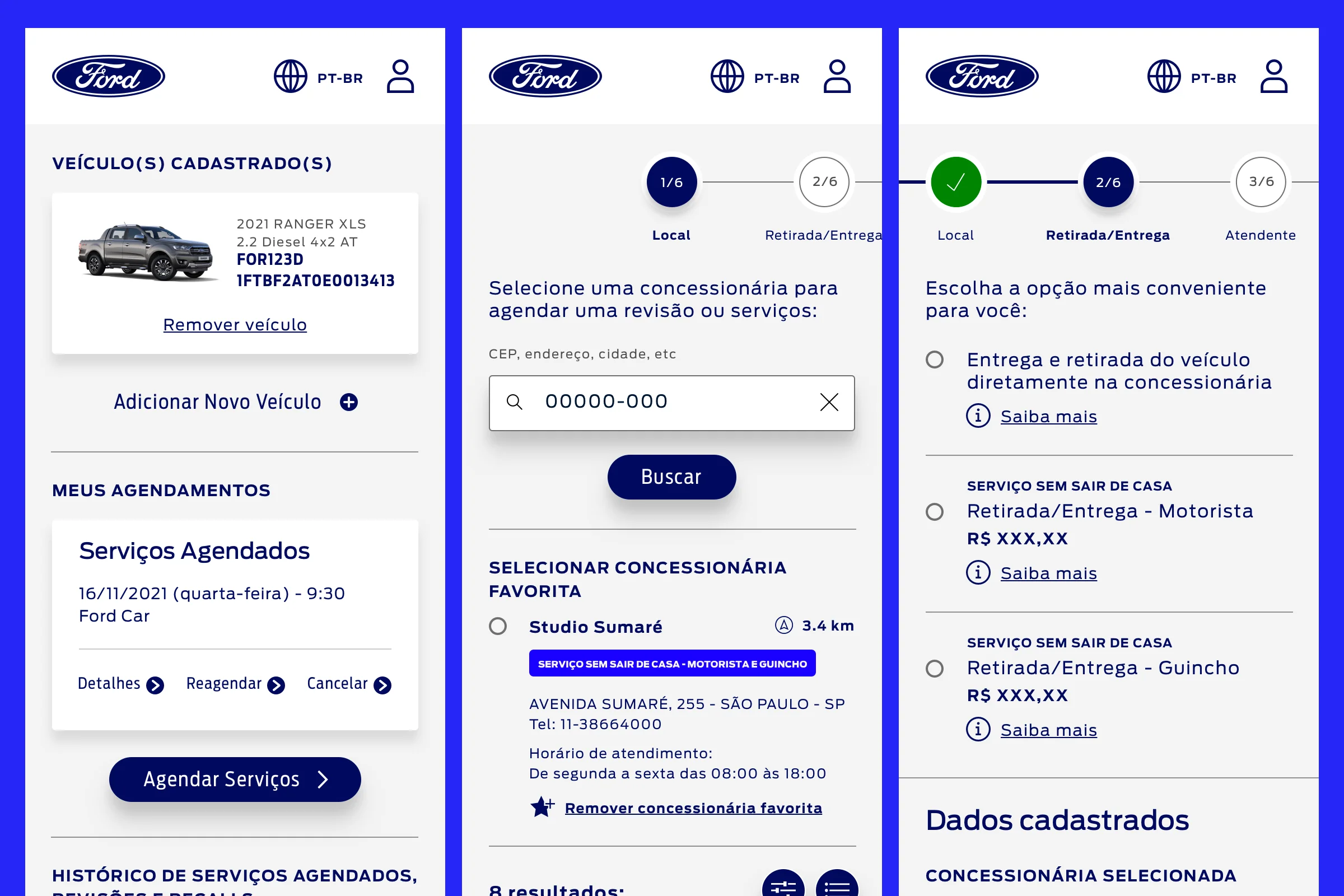 Homepage (serviço agendado) e parte do fluxo de agendamento de serviços, versão mobile