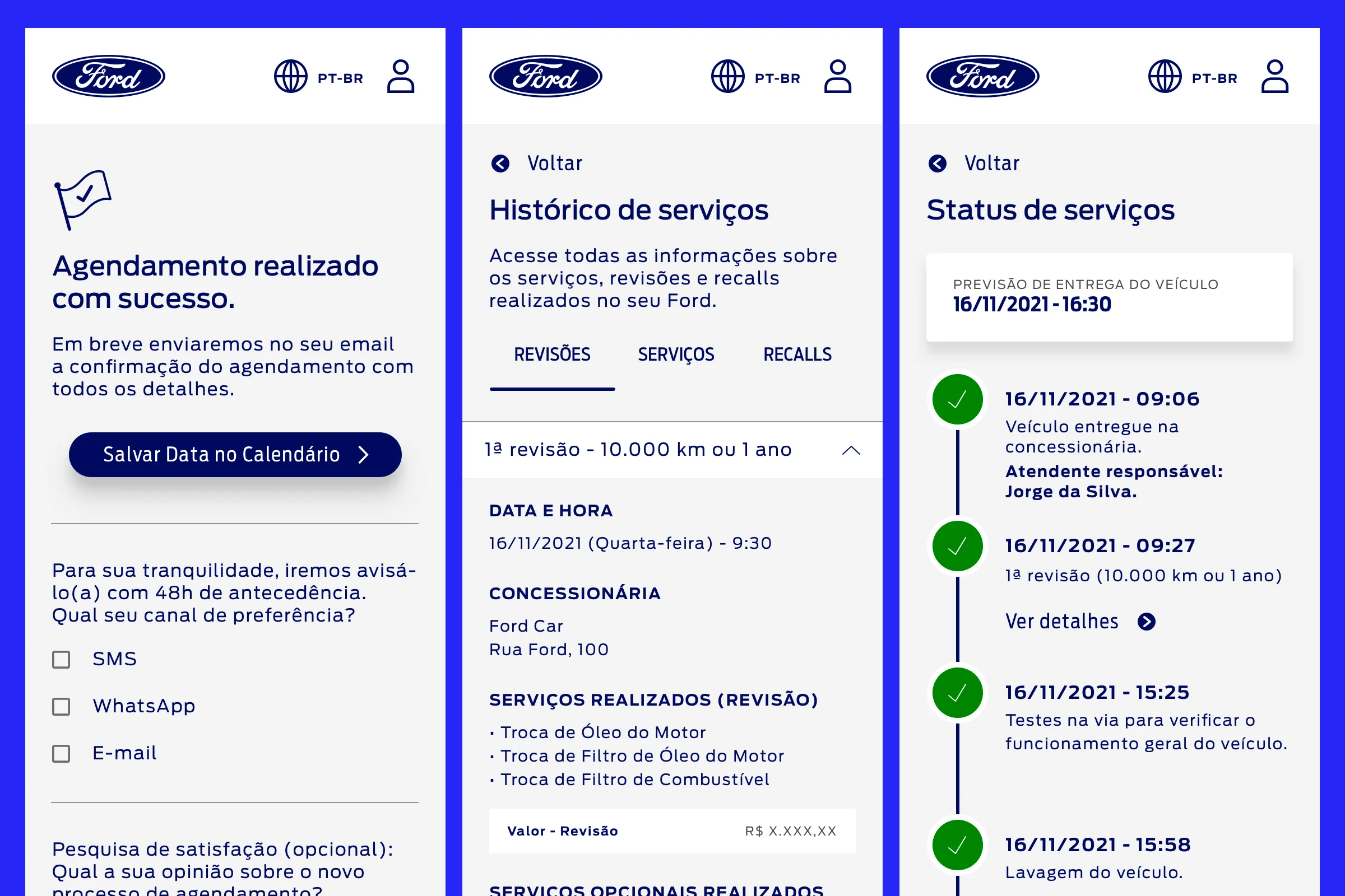 Página de agendamento realizado com sucesso, histórico de serviços e status de serviços, versão mobile