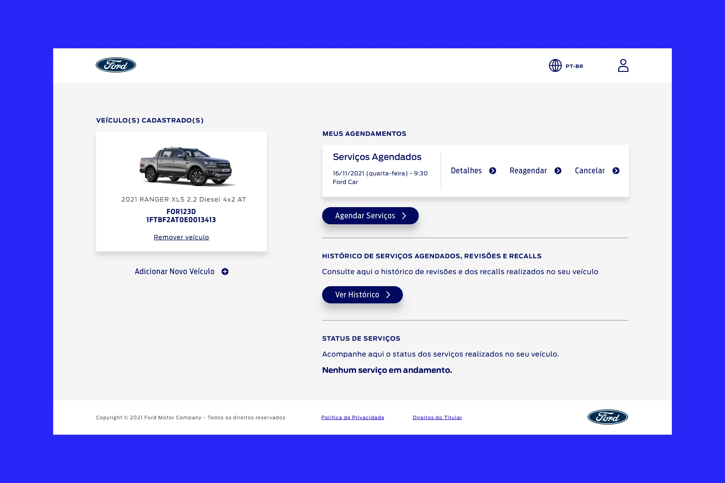 Tela inicial da plataforma Agenda Ford, versão desktop