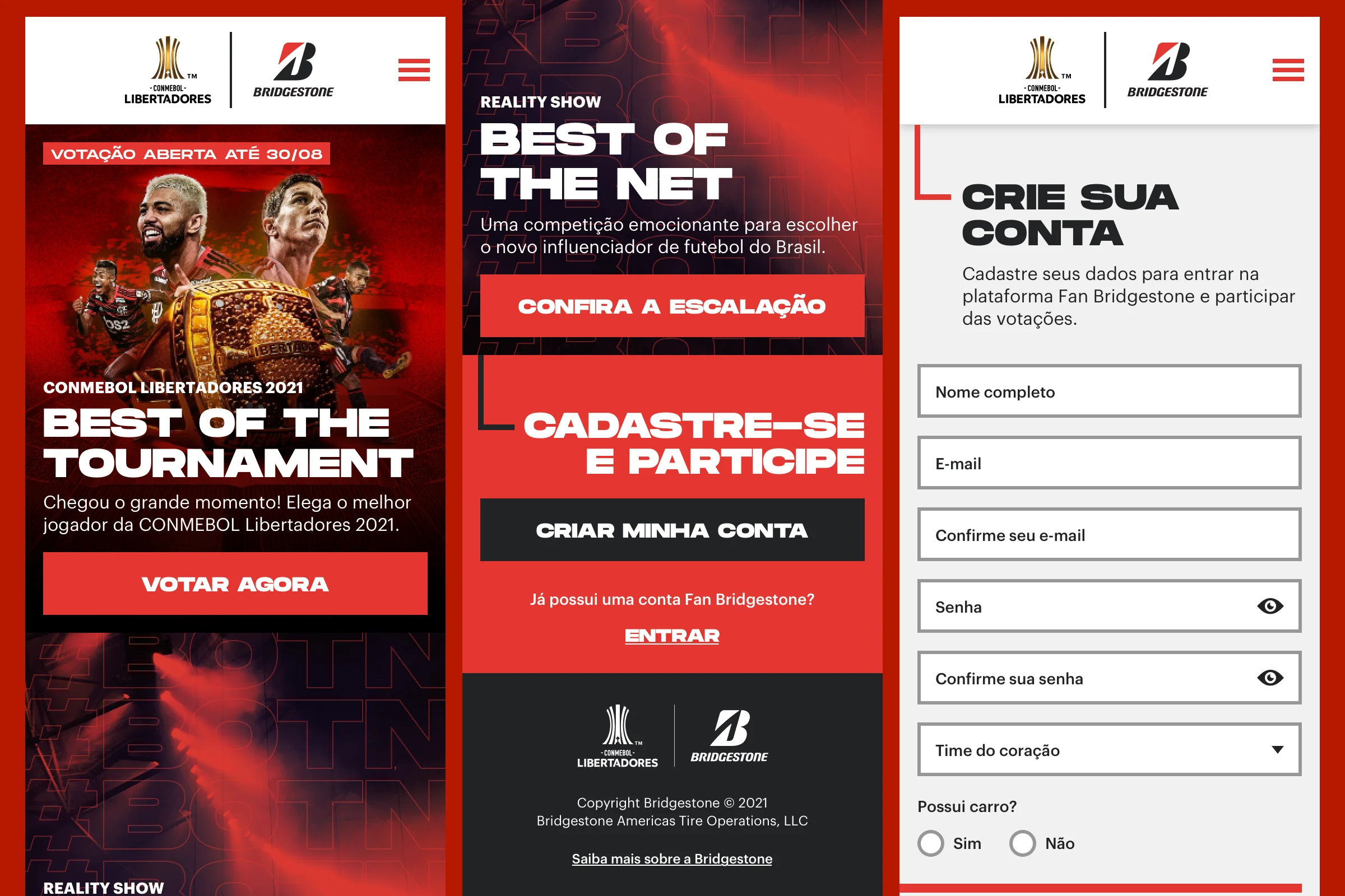 Telas principais da plataforma Fan Bridgestone, versão mobile