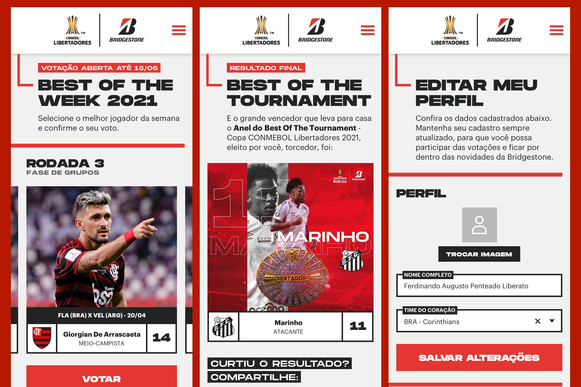 Páginas internas da plataforma Fan Bridgestone, versão mobile