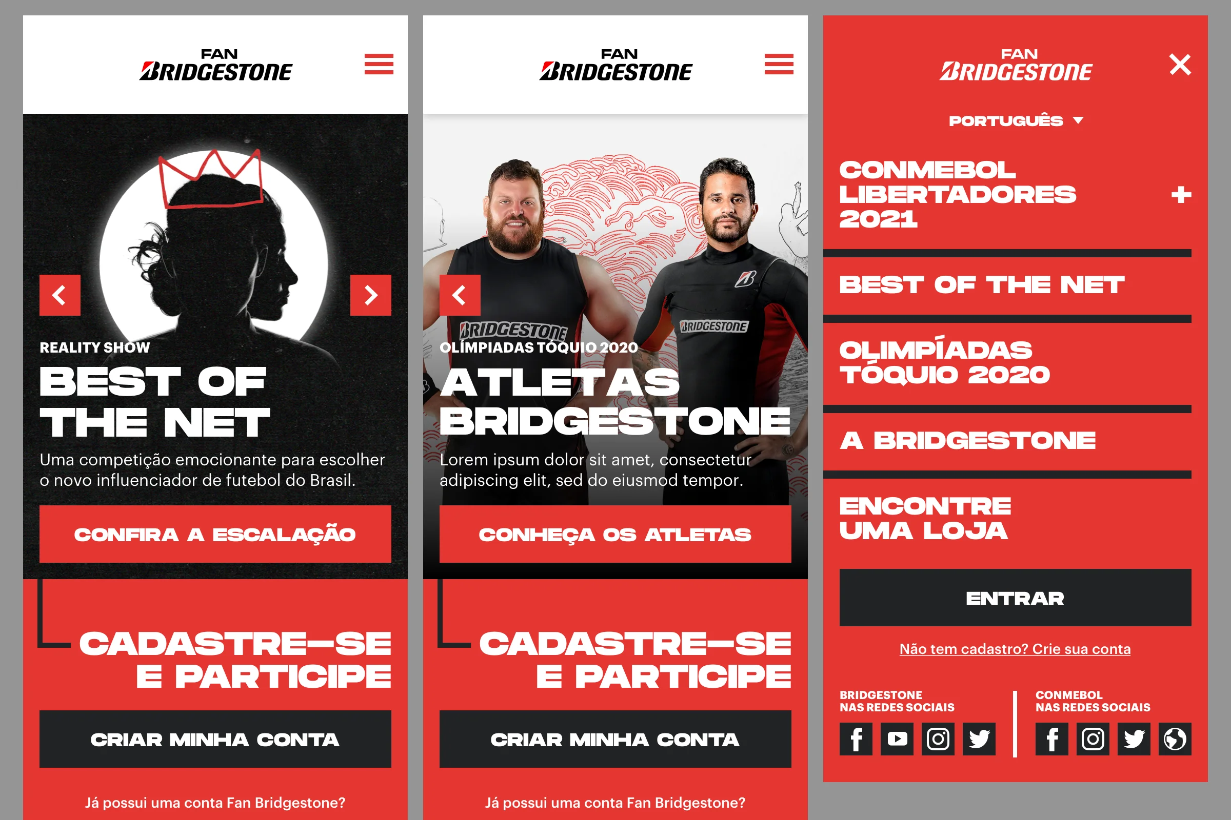 Página inicial e menu de opções da plataforma Fan Bridgestone, versão mobile