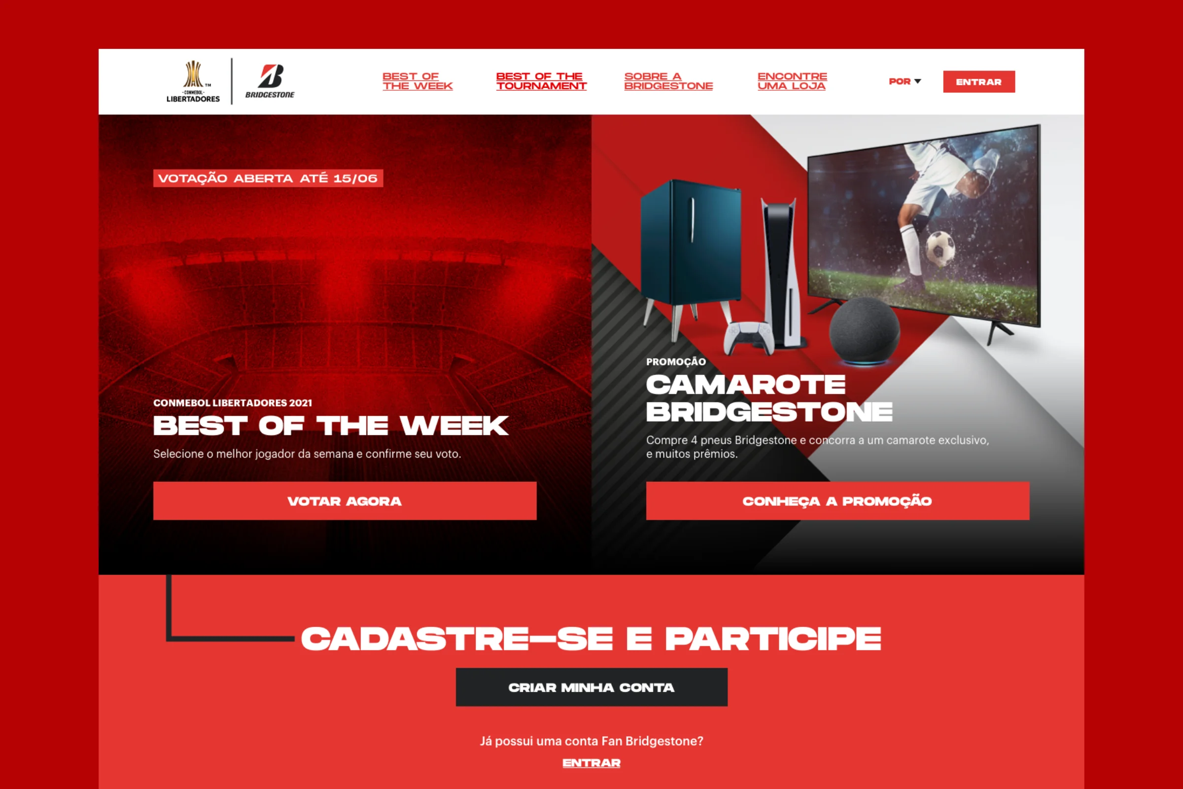 Página inicial da plataforma Fan Bridgestone, versão desktop