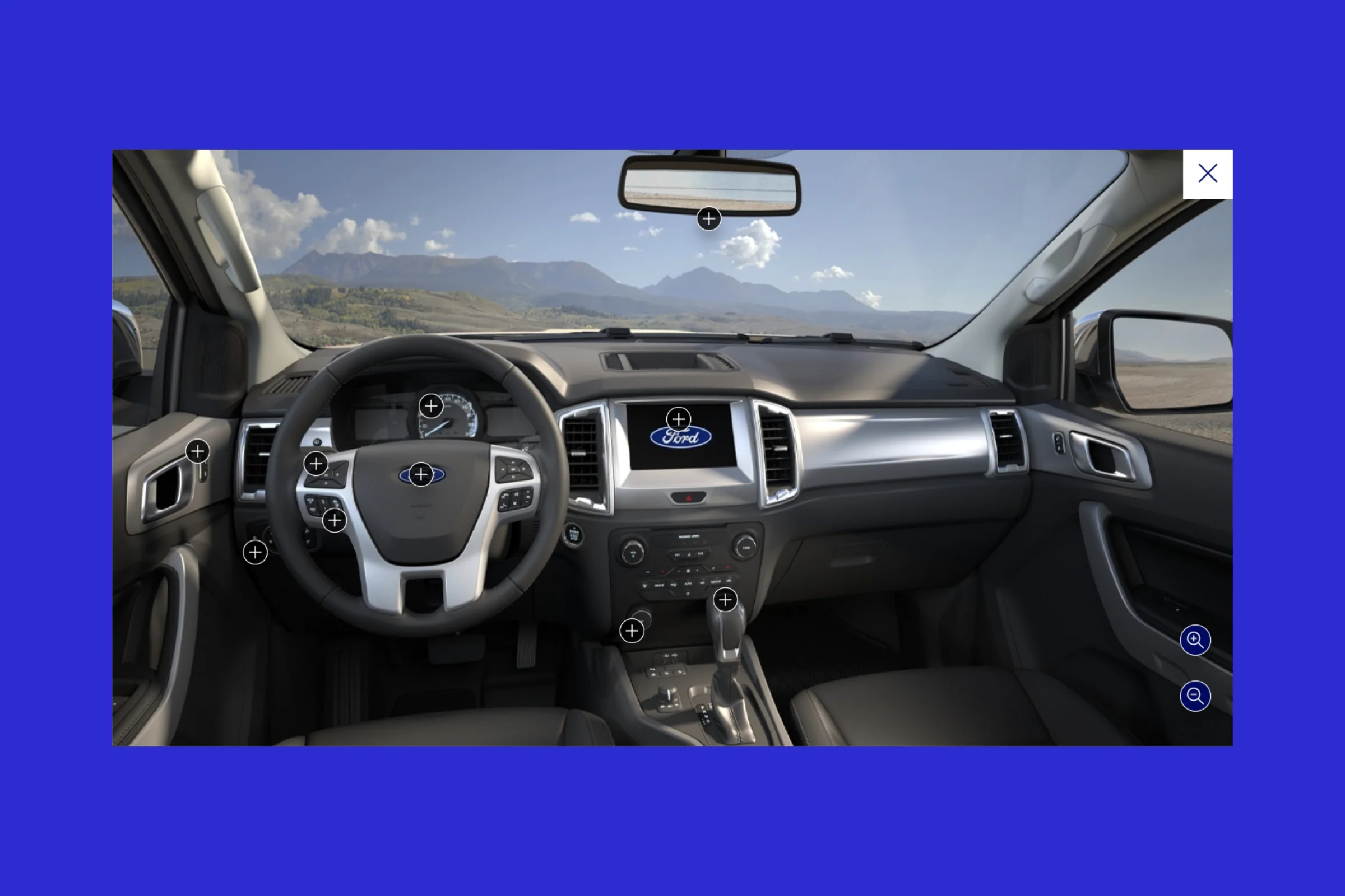 Tela principal da experiência virtual do Guia Ford 360, cockpit do carro