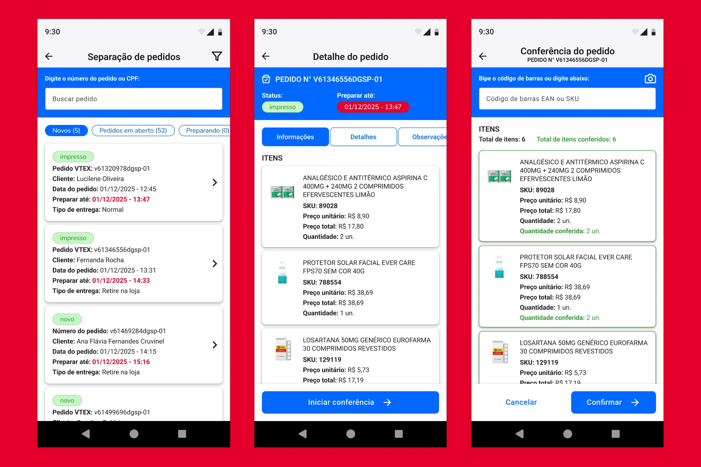 Páginas com algumas etapas do processo de separação de pedidos on-line, aplicativo Otimiza+