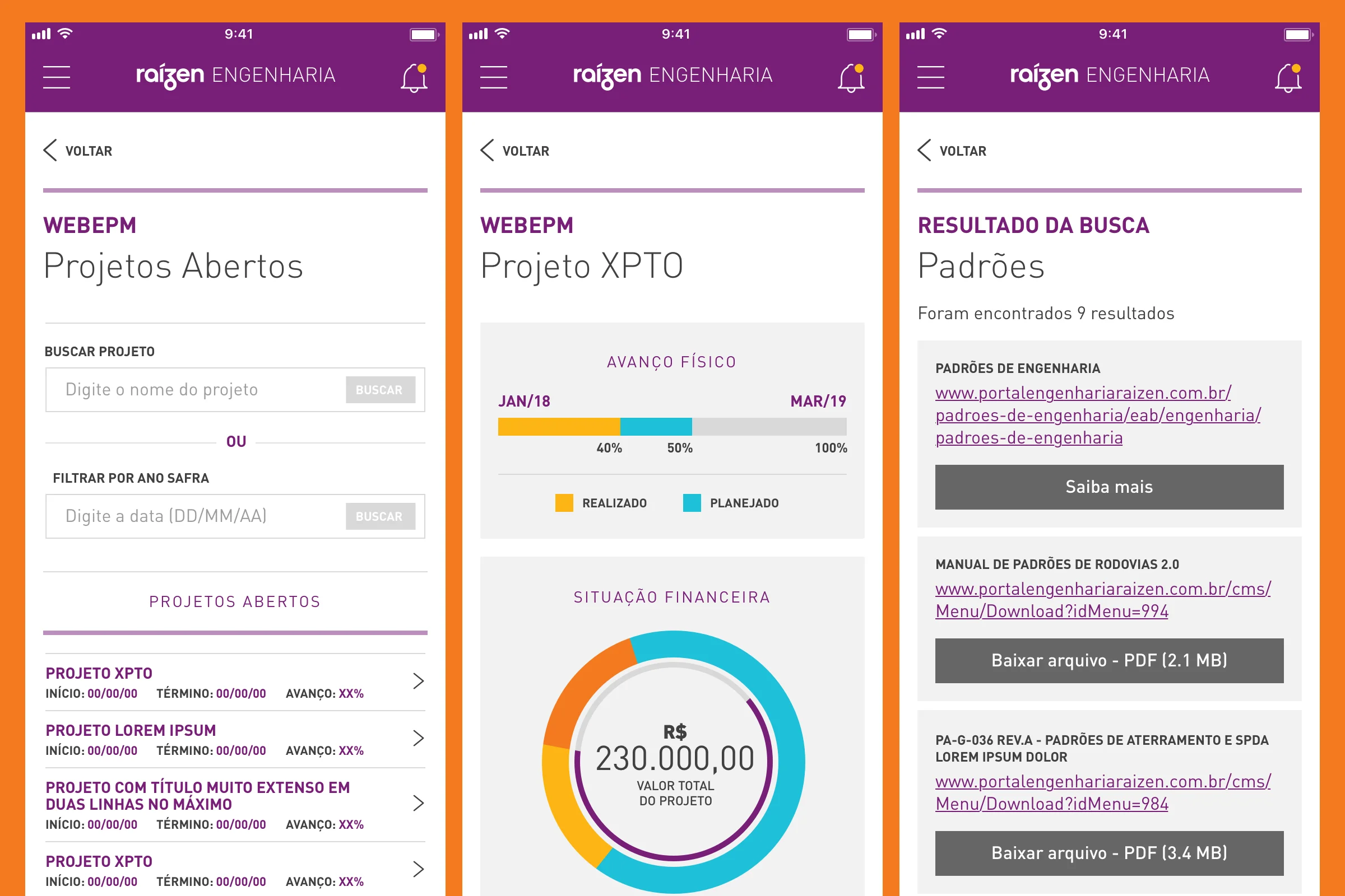 Página de projetos abertos, detalhe de projeto em andamento e resultado de busca realizada do aplicativo Raízen Engenharia