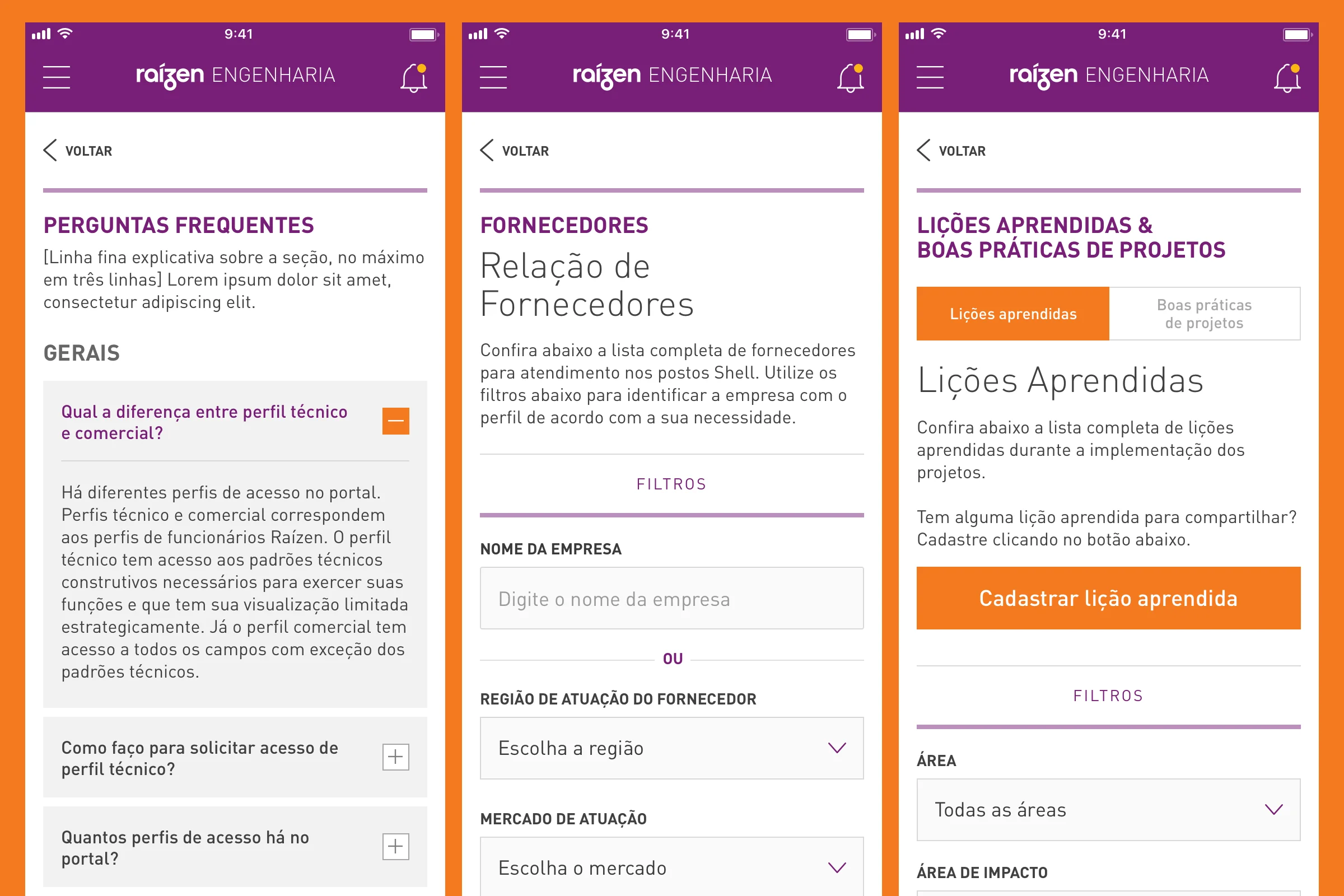 Página de FAQs, fornecedores e lições aprendidas (boas-práticas) do aplicativo Raízen Engenharia