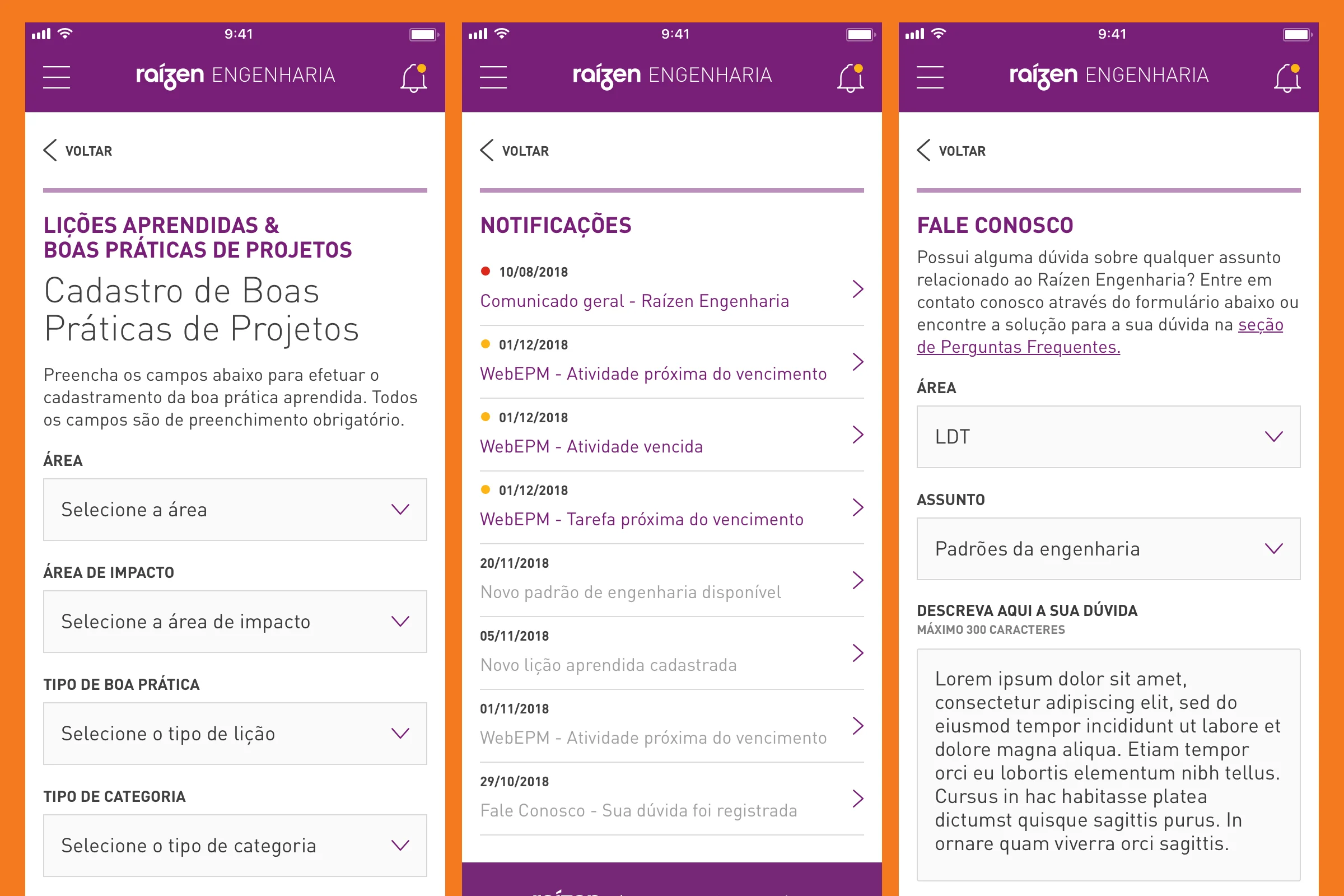 Página de lições aprendidas (boas-práticas), notificações e fale conosco do aplicativo Raízen Engenharia