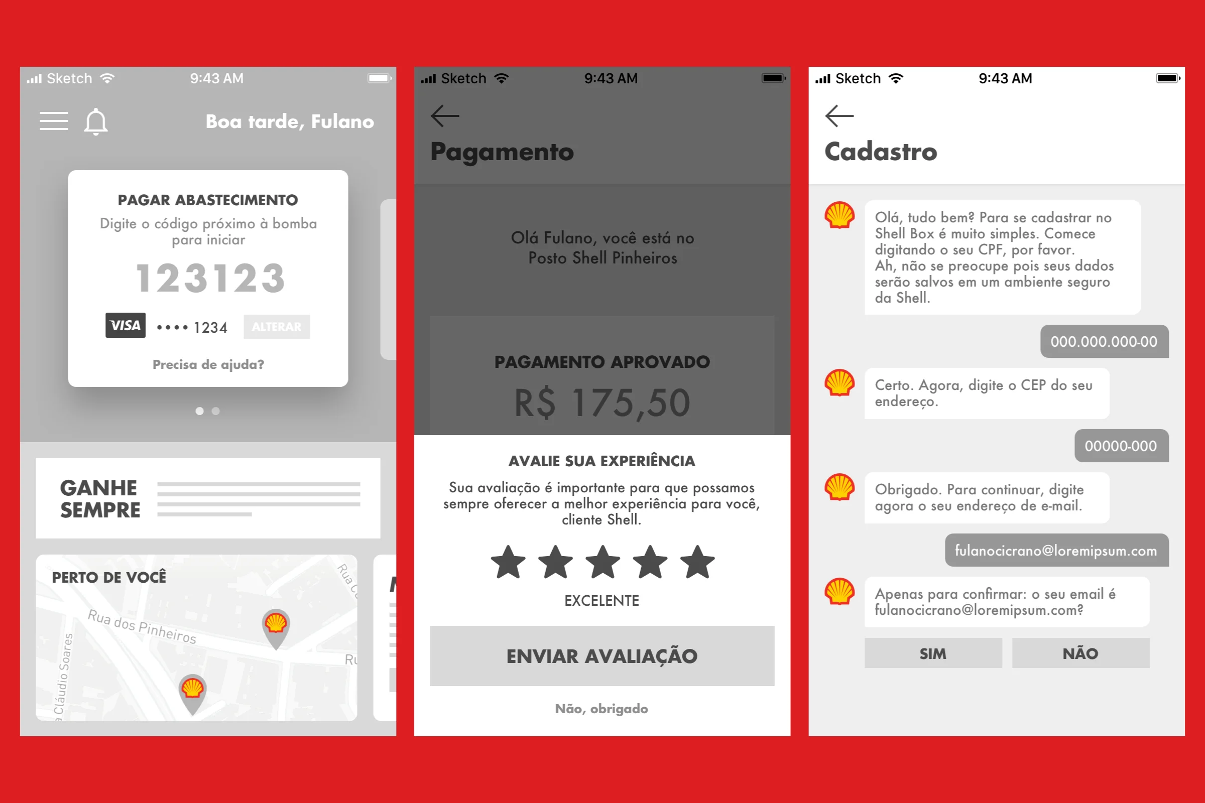 Wireframe de algumas telas do aplicativo Shell Box